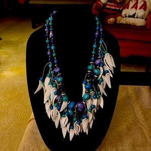 Blue, purple, white shell feather design necklace